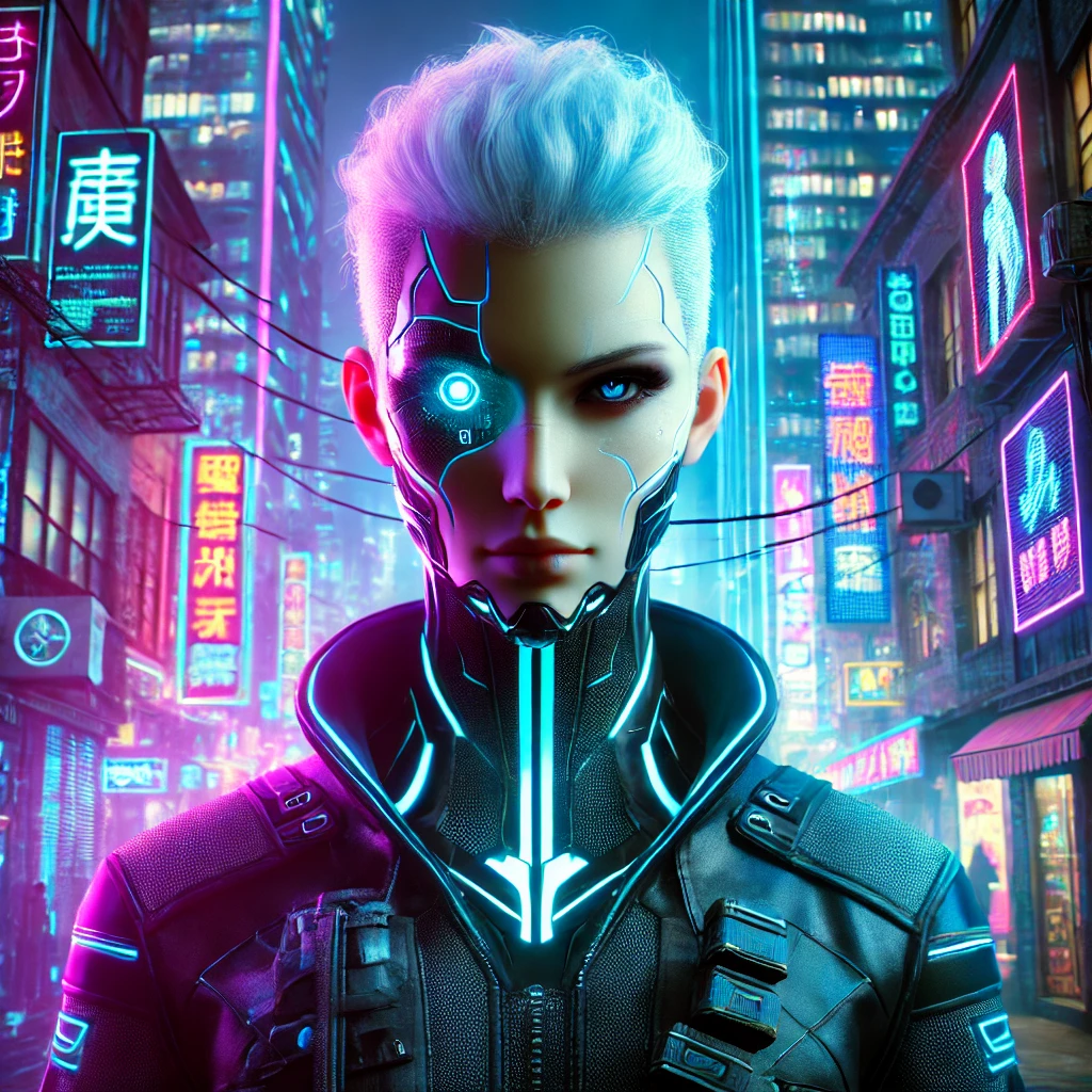 미래 도시의 야경을 배경으로 한 사이버펑크 스타일의 인물 초상화 chatgpt 이미지 생성