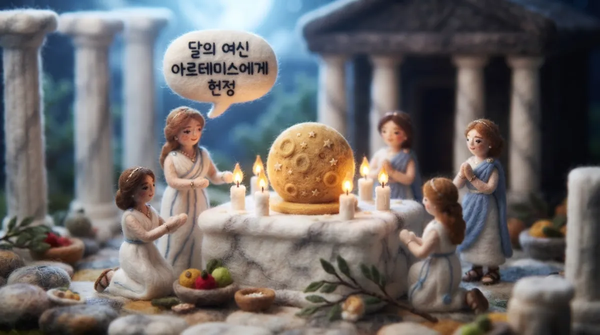 고대 그리스 아르테미스 여신의 신전에서 달 모양의 꿀빵 위에 촛불을 켜는 제의 의식을 니들 펠트 양모 인형 스타일로 표현한 일러스트레이션. 한글로 '달의 여신 아르테미스에게 헌정 (Moon Goddess Artemis)'이라고 적혀 있음