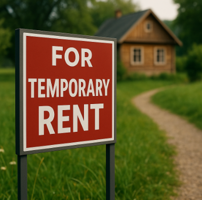 초록 들판 속 작은 목조 주택 앞에 ‘단기 임대(Temporary Rent)’ 표지판이 세워진 시골 풍경