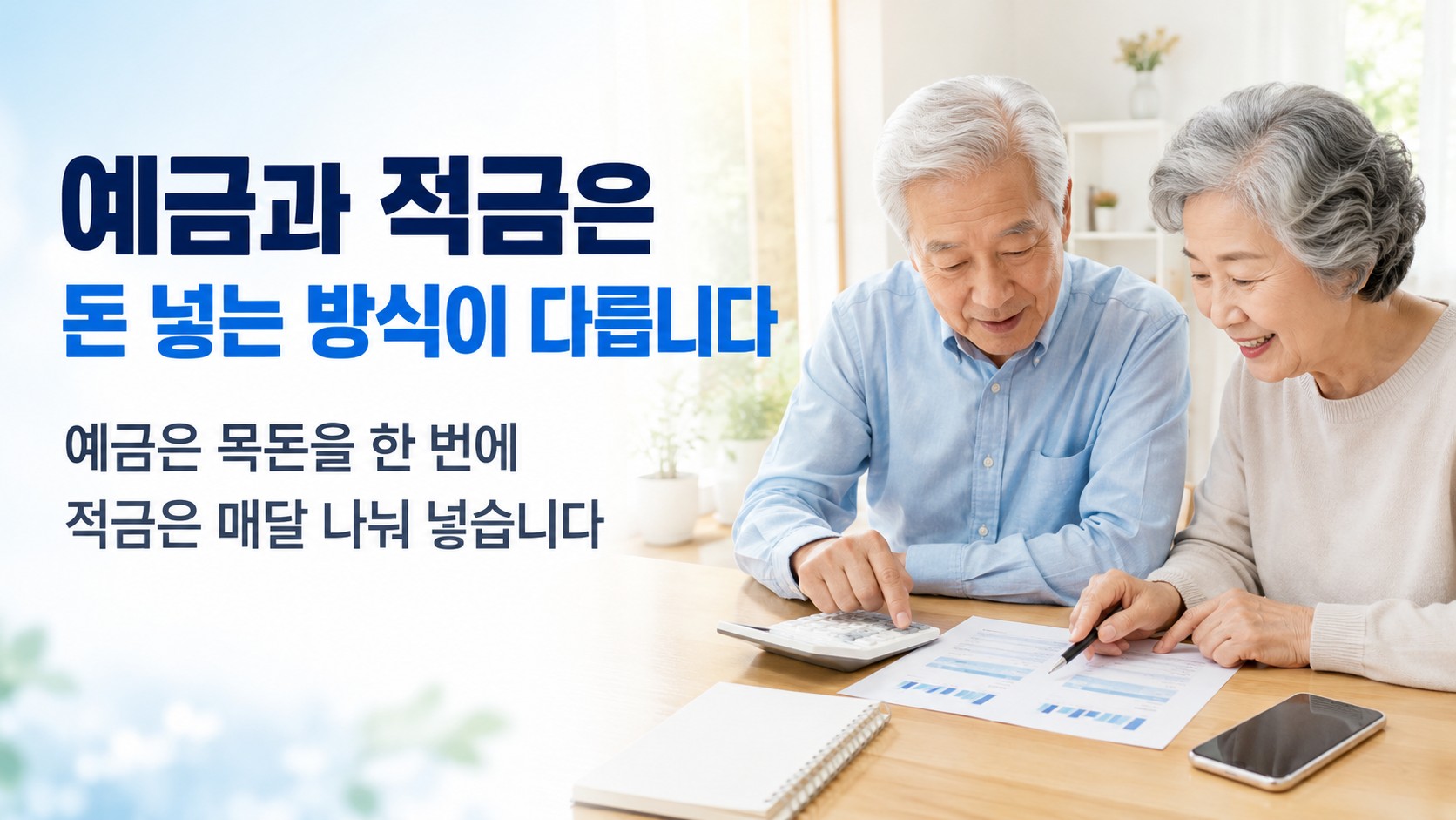 예금과 적금의 납입방식 및 만기예상액을 비교하는 시니어 부부