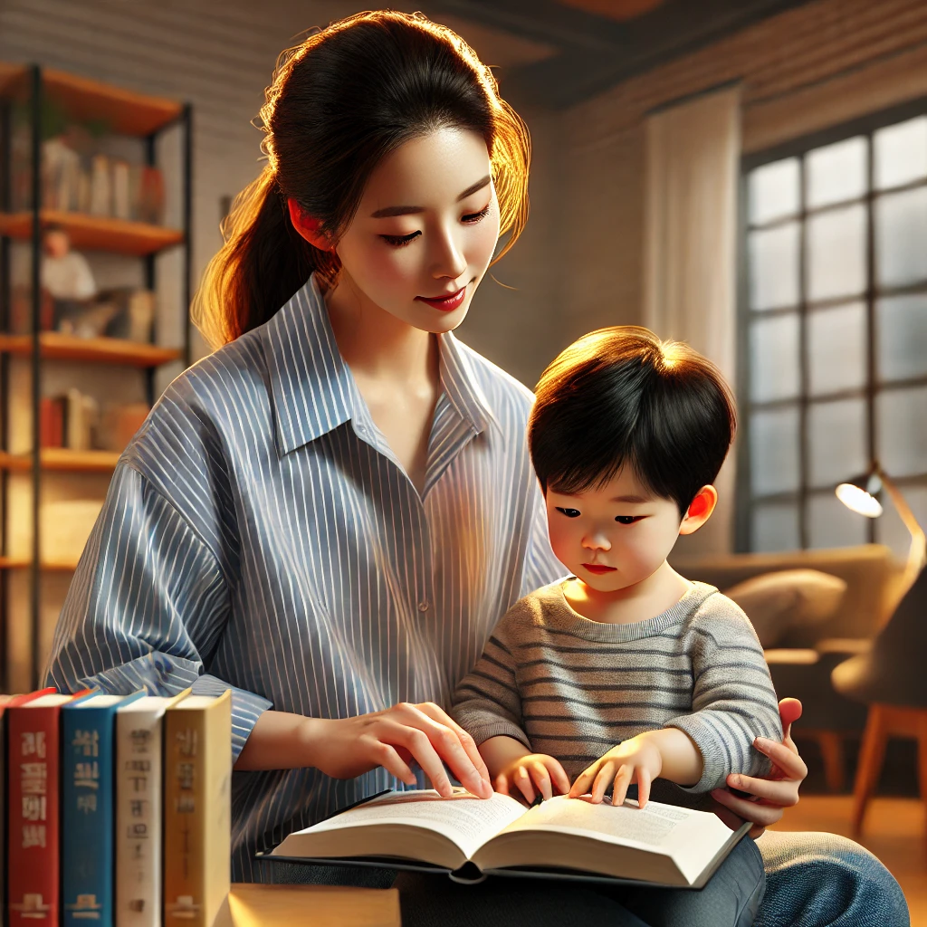 부모와 자녀가 현대적인 거실에서 책을 읽으며 호기심과 학습을 키우는 모습. 책장과 따뜻한 조명이 어우러짐