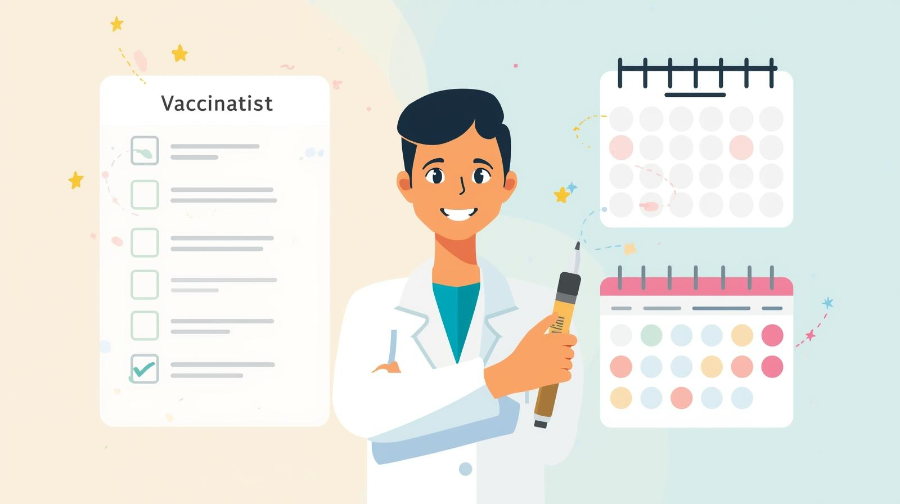 예방접종 체크리스트와 의사, 캘린더 일러스트로 구성된 정보형 삽화