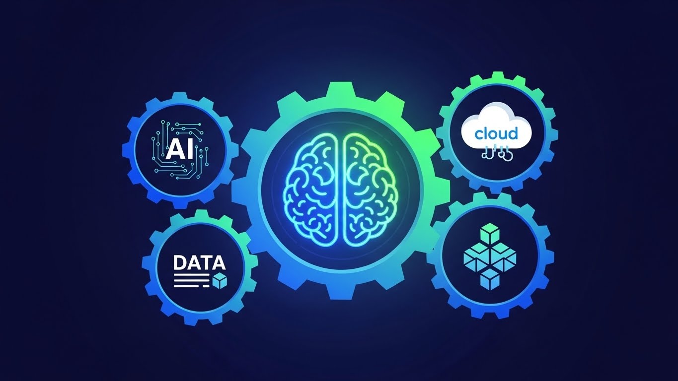 인간의 두뇌와 AI 기술 시스템이 톱니바퀴처럼 조화롭게 맞물려 돌아가는 모습을 형상화한 그래픽