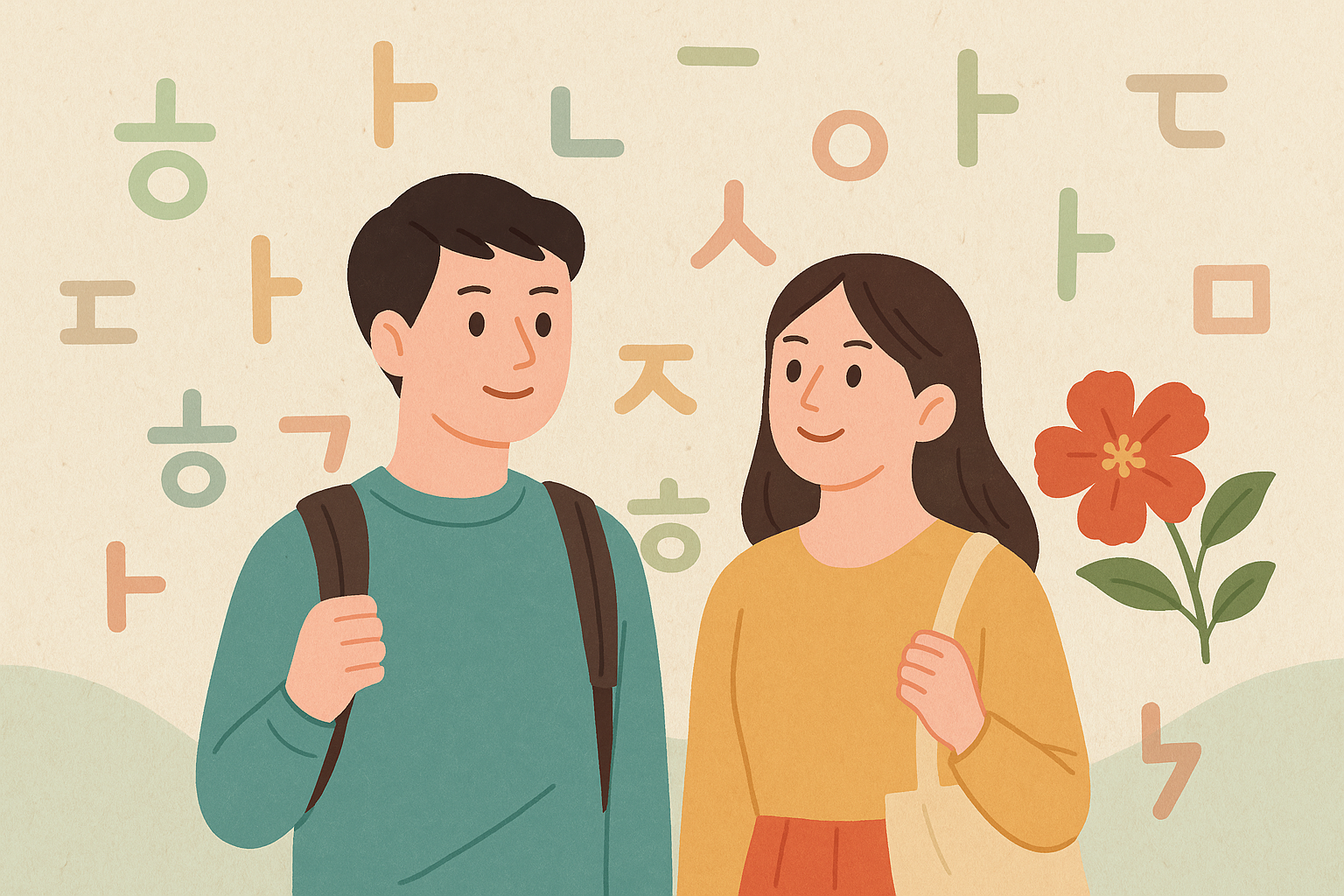 “전통 한지 느낌의 배경 위에 한글 자음과 모음이 흩어져 있고, 편안한 캐주얼 복장을 한 외국인 남녀가 나란히 서 있는 일러스트. 남자는 배낭을 메고 있고, 여자는 에코백을 들고 있으며, 오른쪽에는 무궁화 모양의 붉은 꽃이 배치되어 있다. 전체적으로 따뜻하고 한국적인 분위기를 담고 있다.”