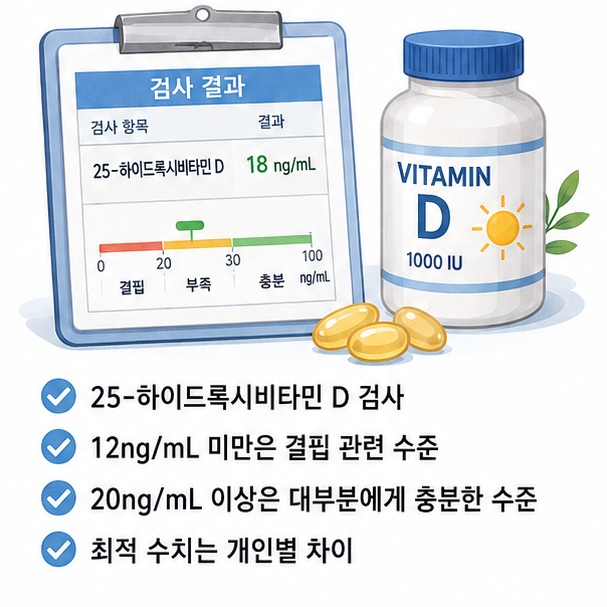 비타민 D 혈액검사 결과를 통해 혈중 25-하이드록시비타민 D를 이용해 상태를 평가하며 수치 해석은 개인과 기준에 따라 달라질 수 있음을 보여 주는 그림