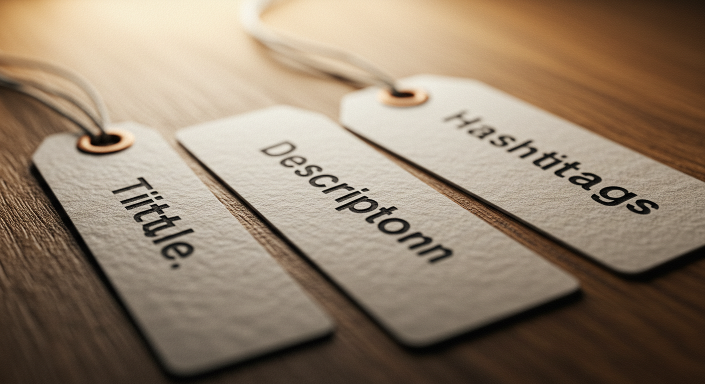 제목&middot;설명&middot;해시태그를 새긴 라벨 태그 3종의 근접 정물 사진