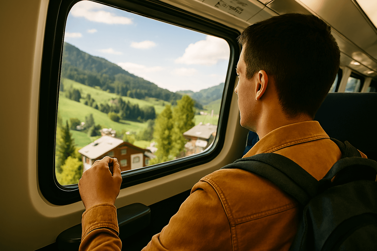 스위스 트래블 패스를 들고 기차 창밖의 아름다운 알프스 풍경을 감상하는 행복한 여행객. 기차와 스위스의 설경이 조화를 이룬다.