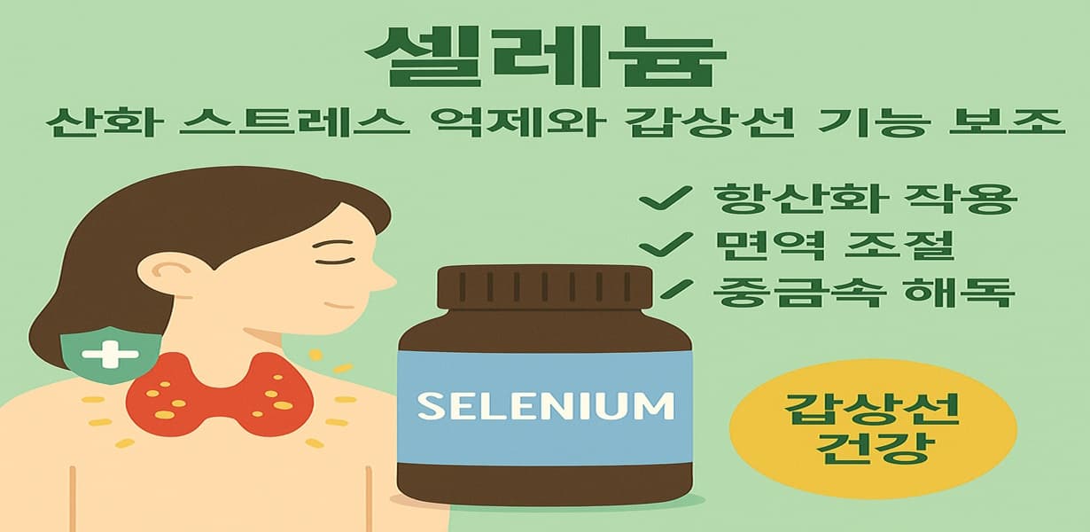 “셀레늄 보충제와 갑상선 일러스트, 항산화 작용·면역 조절·중금속 해독 효과를 강조한 인포그래픽”
