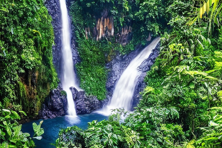 빽빽한열대우림-맑은폭포수-하얀물안개-평온함