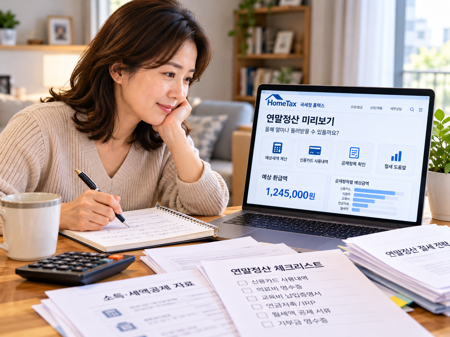 집에서 노트북으로 연말정산 자료를 살펴보는 40대 직장인의 이미지