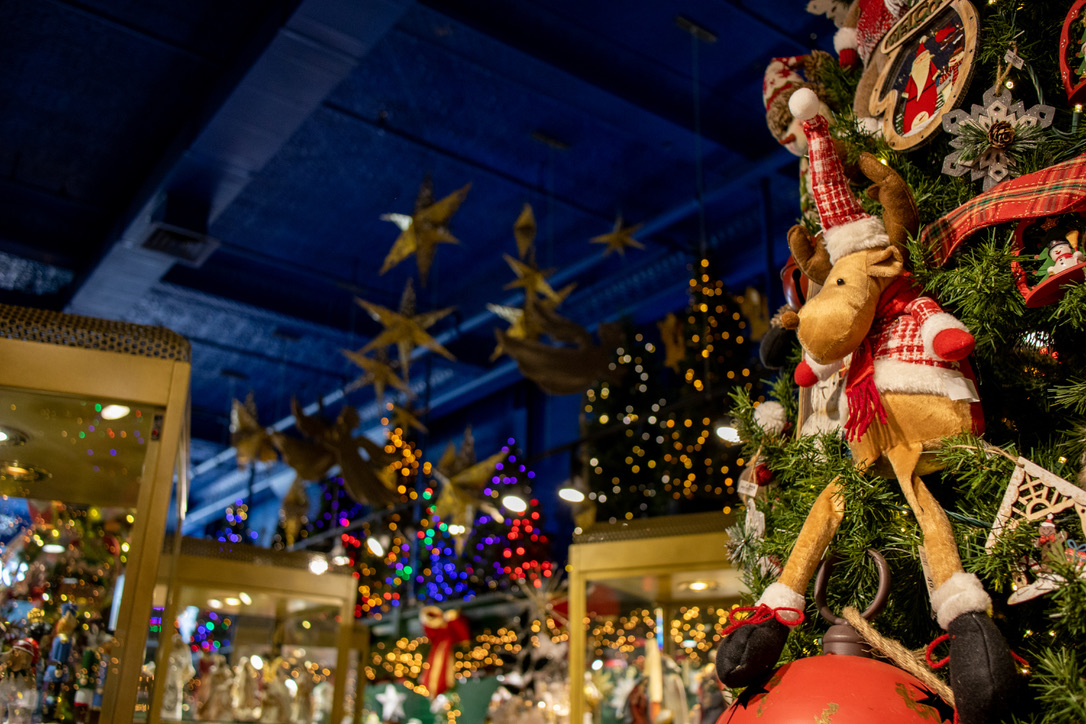 파란색 천장. 금색틀과 유리로 이루어진 수납장들. 뒤로 초점이 흐리게 보이는 크리스마스 트리들과 오른쪽 앞에 보이는 커다란 크리스마스 트리의 사슴 장식.