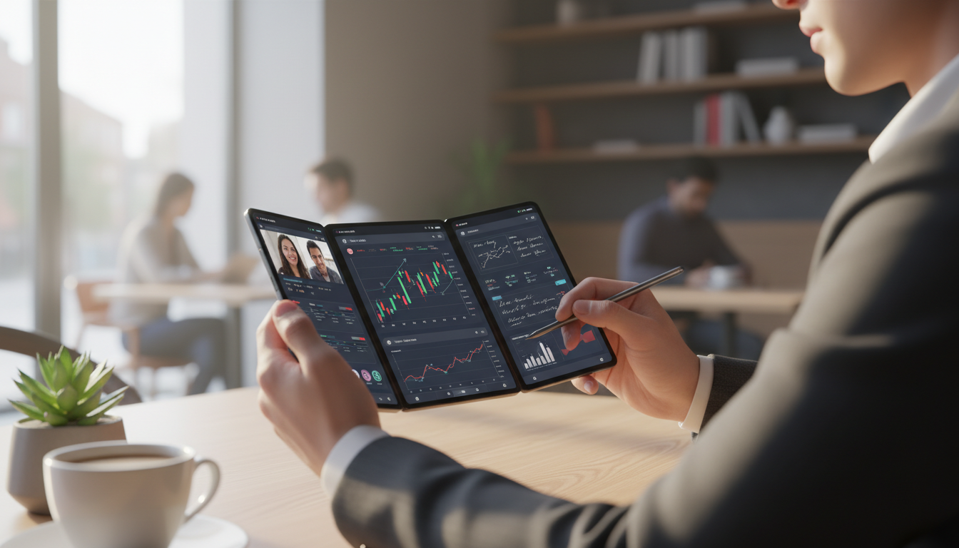 카페에서 완전히 펼친 갤럭시 Z 트라이폴드로 3분할 멀티태스킹을 하고 있는 사용자 모습