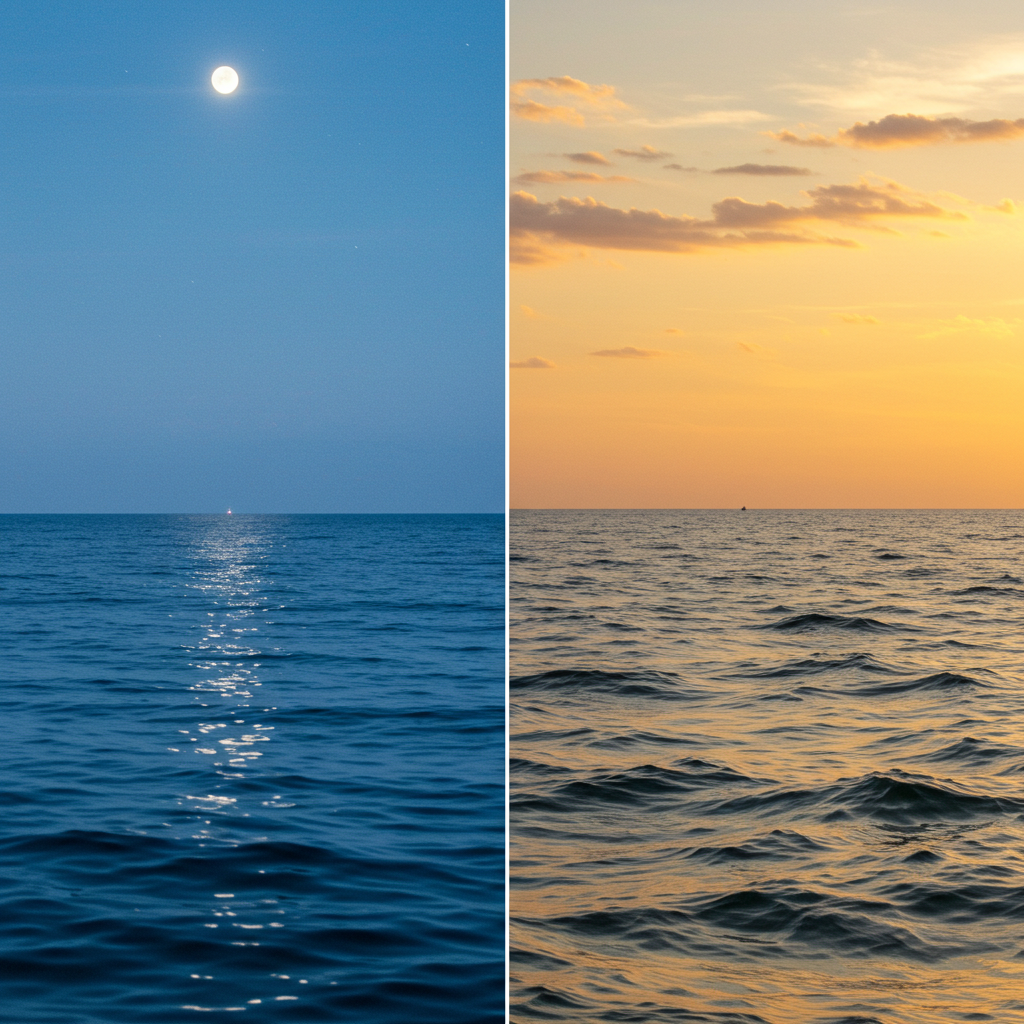 왼쪽에는 달 아래 잔잔한 밤바다, 오른쪽에는 해 아래 파도치는 낮바다를 보여주는 분할 이미지. 공복과 식후 상태를 대비하여 보여줌.