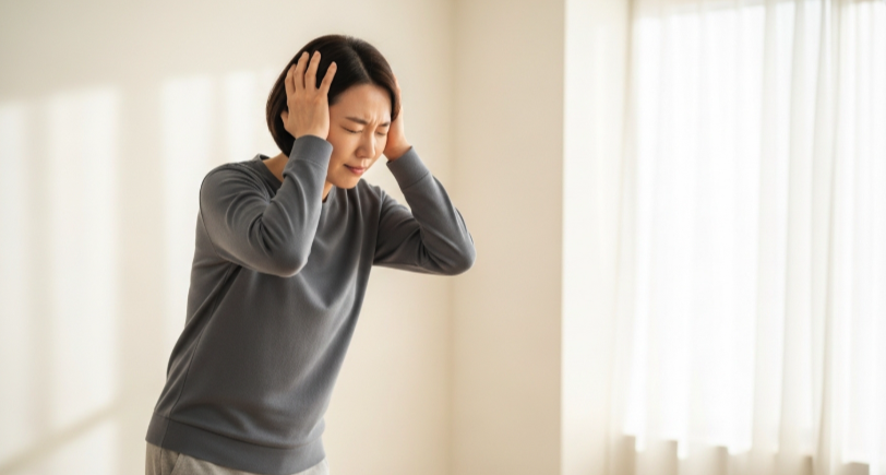 머리 통증과 함께 어지러움을 느끼는 모습