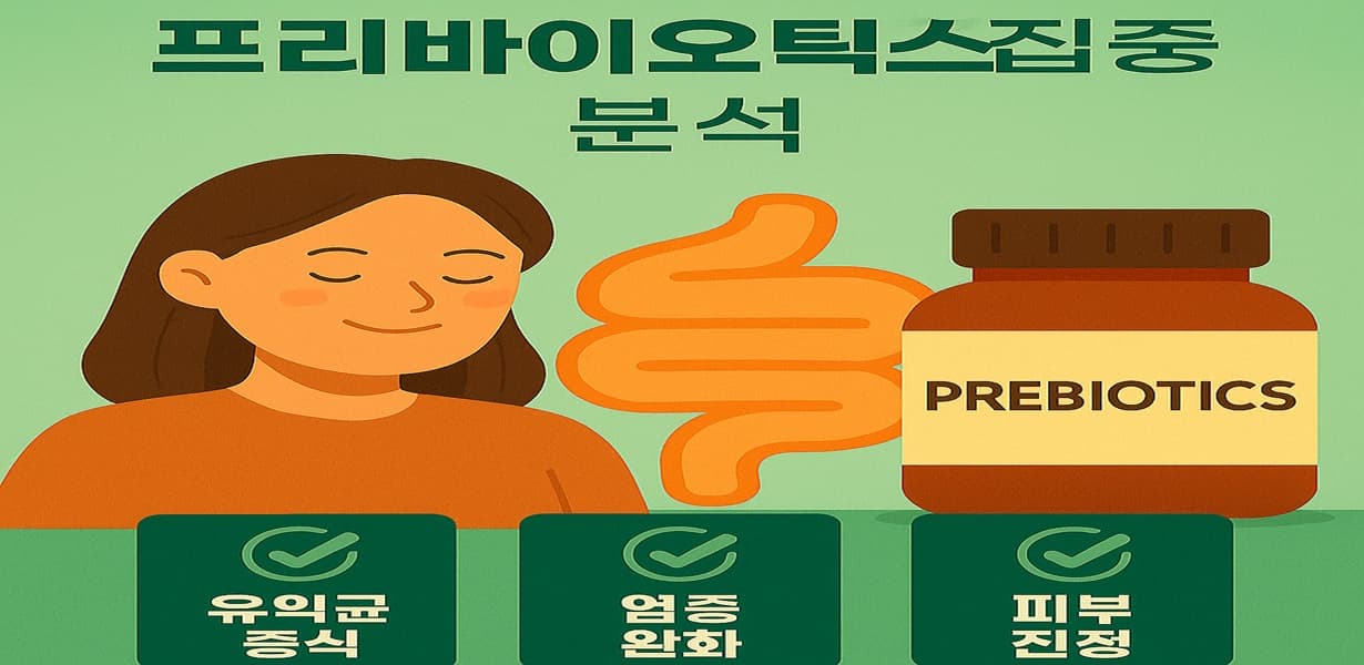 “장을 표현한 일러스트와 프리바이오틱스 보충제, 눈을 감고 피부가 편안한 여성 캐릭터가 함께 구성된 인포그래픽”