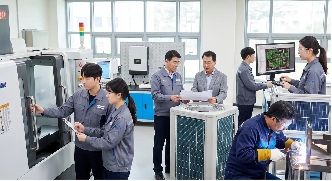 CNC 공작기계, 회로 설계, 공조냉동, 용접 등 기술 실습 교육이 진행 중인 통합 실습실 일러스트