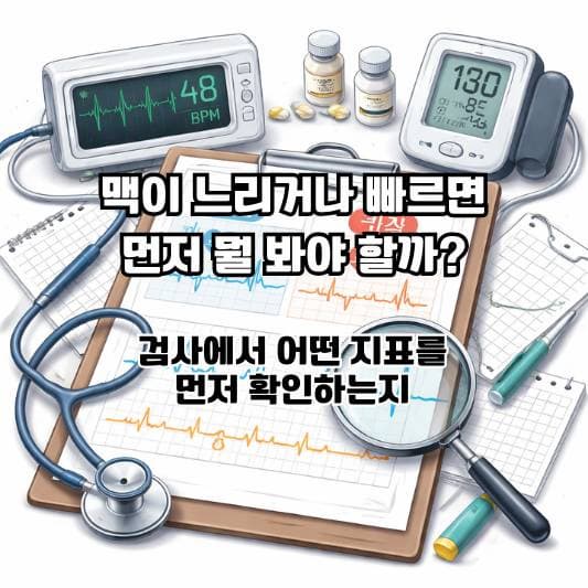 서맥과 빈맥의 검사 기준을 차분히 확인하는 중년의 일상 장면