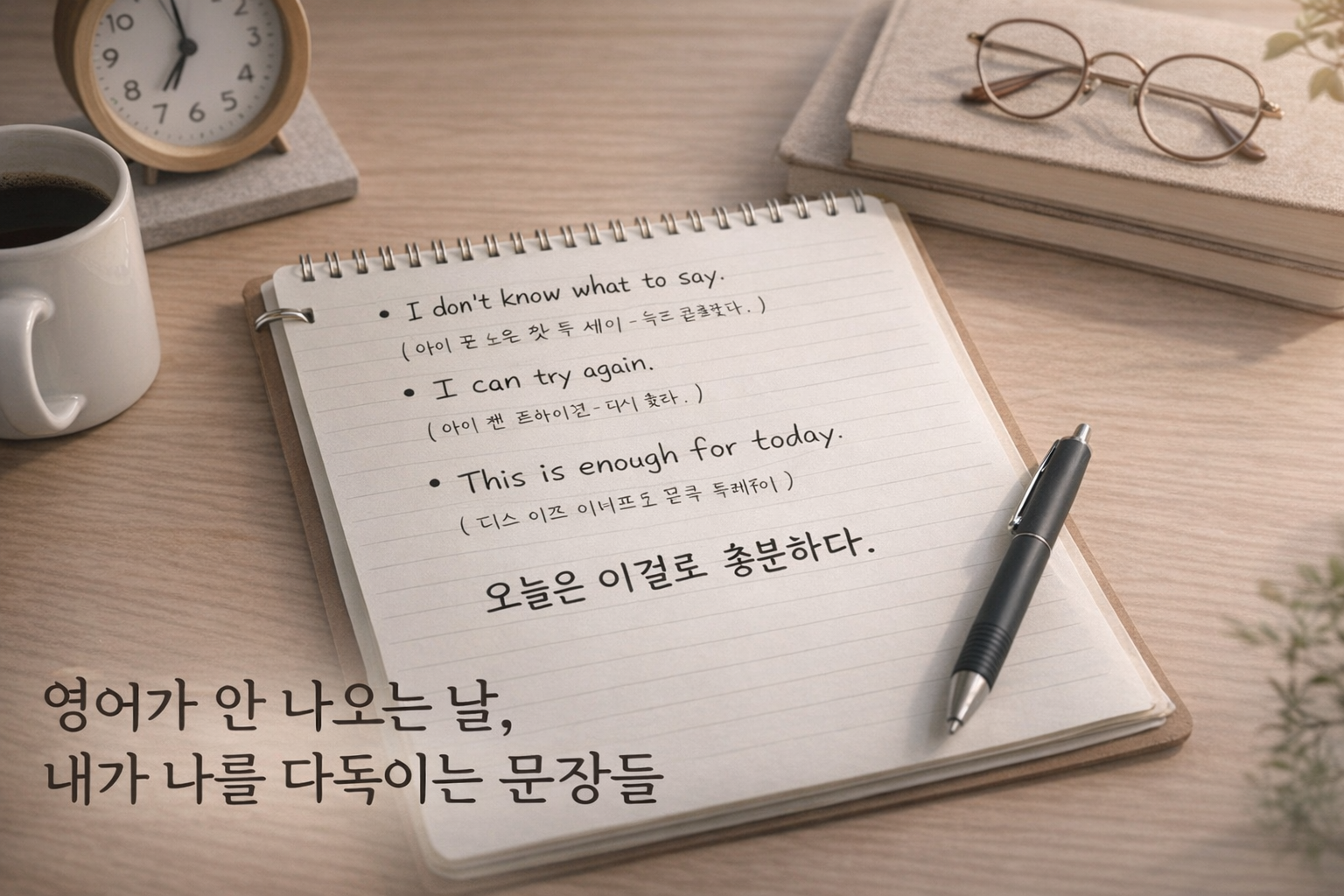 영어가 안 나오는 날 노트에 위로가 되는 문장을 적어 보며 스스로를 다독이는 성인 학습자의 책상 위 장면