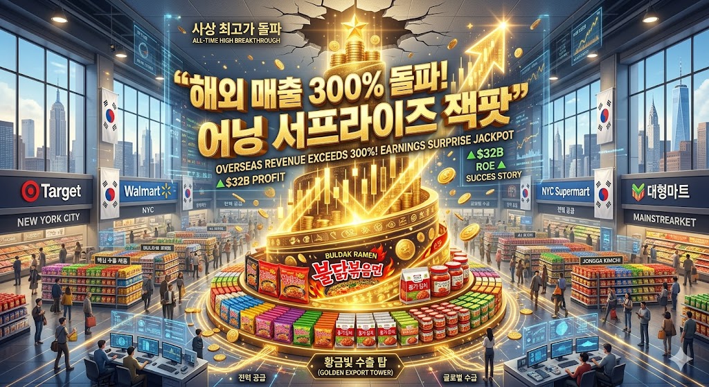 웅장하고 세련된 미국 뉴욕 중심가의 대형마트 내부에서, 한국의 불닭볶음면과 종가 김치 등 핵심 수출 제품들이 거대한 황금빛 탑처럼 메인스트림 매대에 진열되어 있고, 그 위로 "해외 매출 300% 돌파! 어닝 서프라이즈 잭팟"이라는 문구와 함께 최고가를 시원하게 뚫어내는 우상향 양봉 차트가 입체적으로 솟구치는 3D 그래픽 이미지.
