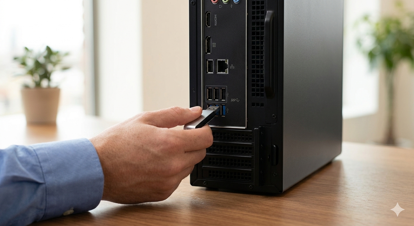 데스크탑 PC 후면 메인보드 전원 공급 포트에 USB 메모리를 연결하여 인식 오류를 점검하는 모습