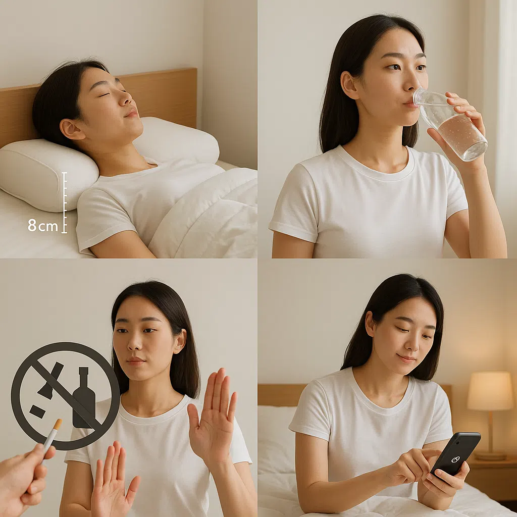 목 배게 높이 조정, 수분 섭취, 흡연 및 과음 금지, 블루라이트 차단