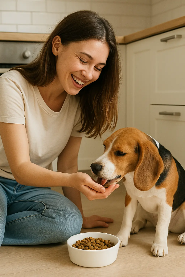 밝은 주방에서 보호자가 손으로 사료를 직접 건네는 따뜻한 상호작용 장면, 강아지가 집중해 받아먹는 모습이 자연스럽게 담긴 이미지, 텍스트 없음