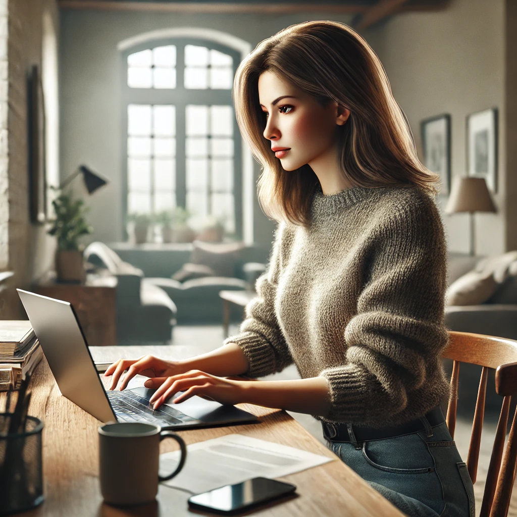 집에서 온라인 업무를 하는 30대 여성의 집중적인 모습. 따뜻한 분위기의 홈 오피스에서 노트북을 사용하며 커피 한 잔과 함께 업무를 진행하고 있습니다.