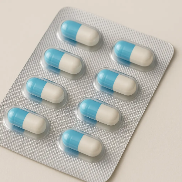 은색 배경에 파란색과 흰색 캡슐 약이 담긴 블리스터 팩의 클로즈업 이미지