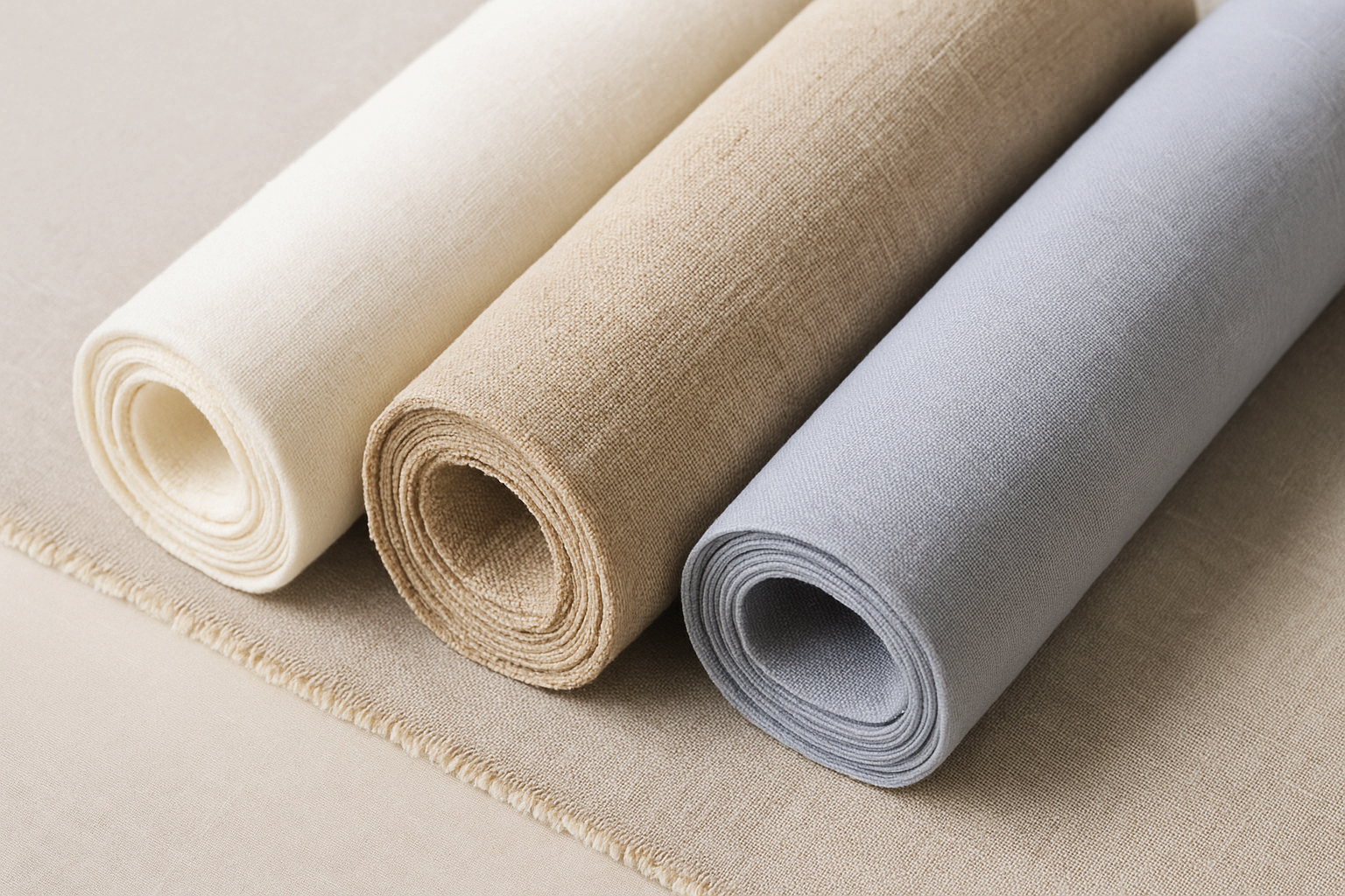 면, 리넨, 폴리에스터 원단이 나란히 놓인 원단 비교