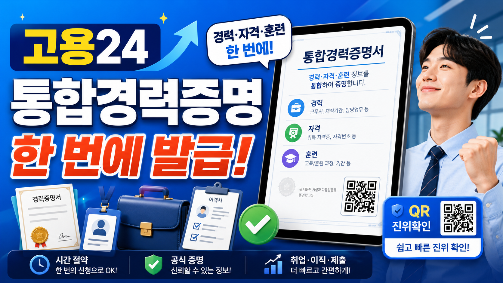 고용24 통합경력증명서 발급 방법과 경력 자격 훈련정보 통합 조회 서비스를 설명하는 이미지
