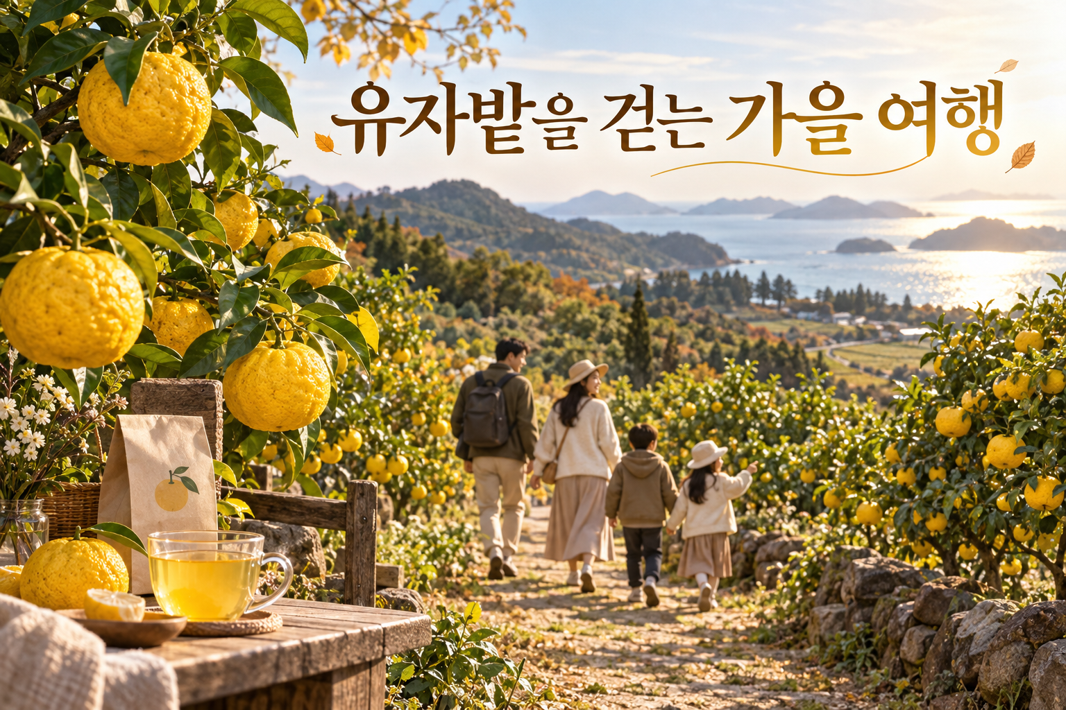 노란 유자가 익은 과수원 길을 걷는 가족과 유자차
