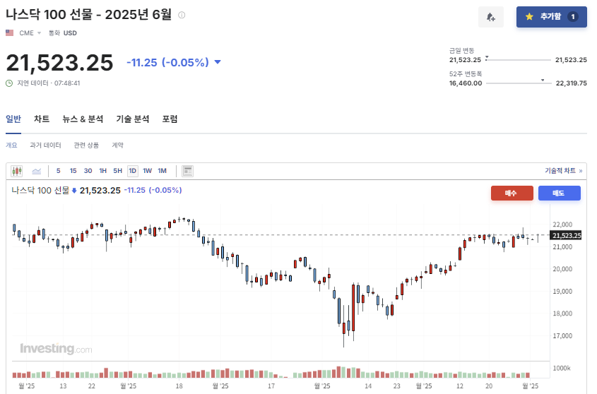 2025년 6월 2일 나스닥 100 선물 지수 흐름, 출처 : Investing.com