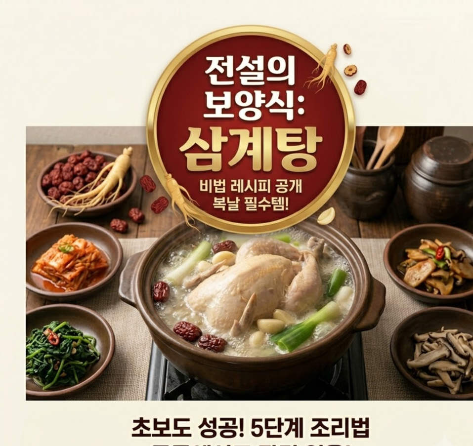 Main title image with text reading 'Legendary Health Food Samgyetang Secret Recipe Revealed: Must-Have Item for Boknal'. In the center, a whole chicken, ginseng, jujubes, green onions, and garlic are boiling in a brown earthenware pot. Around it, side dishes like napa cabbage kimchi, seasoned spinach, stir-fried mushrooms, and brass bowls filled with jujubes and ginseng are neatly arranged. At the bottom, a guide reads 'Even Beginners Can Succeed! 5-Step Recipe, Never Cut Off Even in List Views!'.
