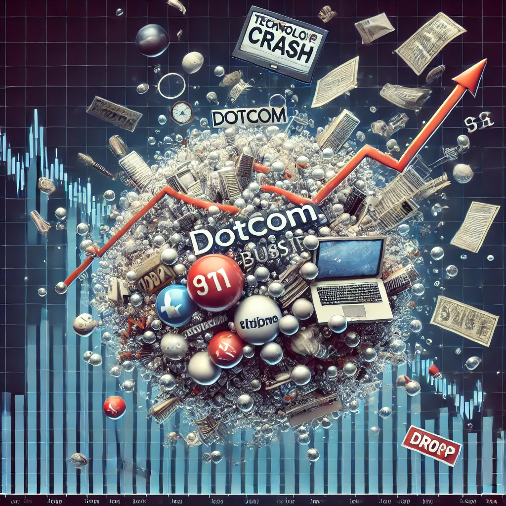 "2000년 닷컴 버블 붕괴로 인한 기술주 급락 차트. 인터넷 기업들의 거품이 터지며 나스닥 지수가 크게 하락한 모습."