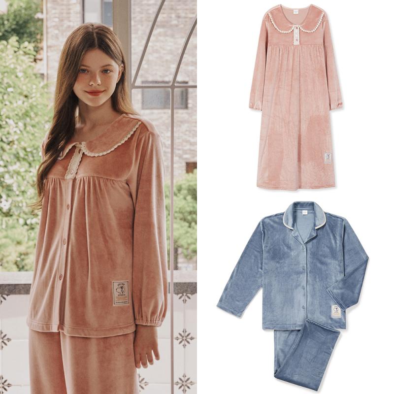 이브니에 타임슬립 극세사 커플잠옷 원피스 스판 여성남성 파자마