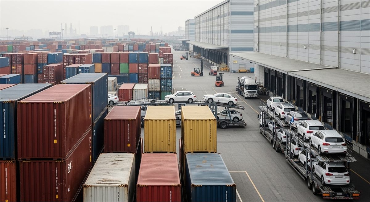 차량 물류와 컨테이너가 함께 보이는 공급망 부담 상징 전경 