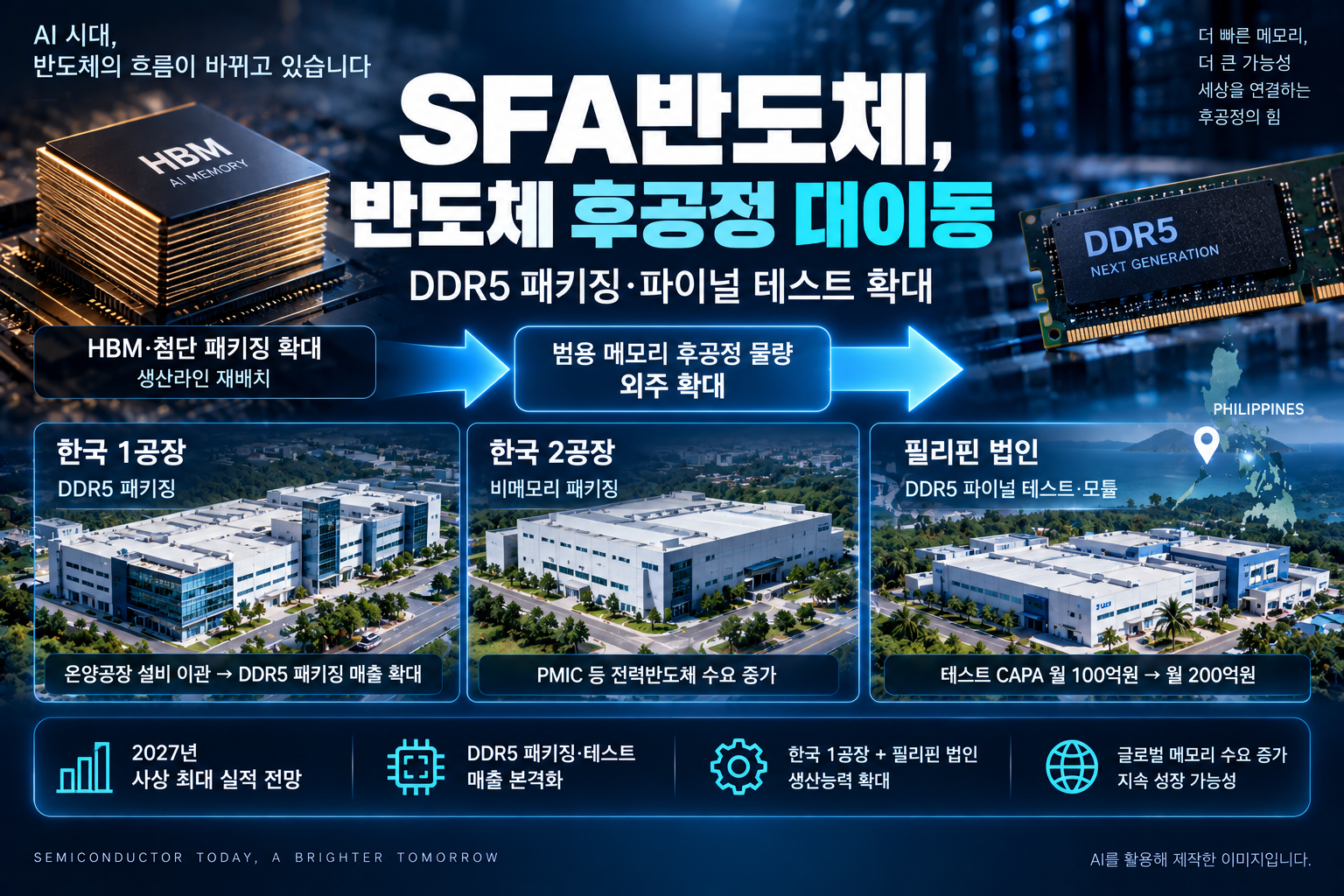 삼성전자 후공정 외주 확대에 따른 DDR5 패키징과 파이널 테스트 성장을 다룬 SFA반도체 기업분석