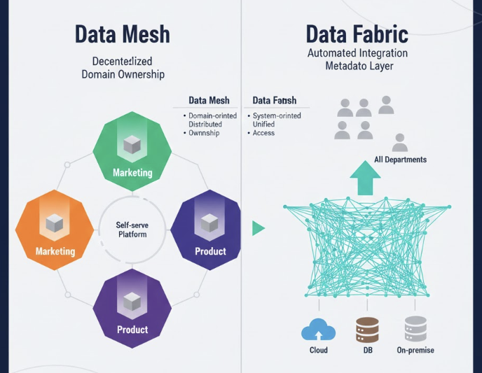 도메인별로 데이터 소유권을 가지는 분산형 구조인 데이터 메시와 기술 레이어로 데이터를 하나로 엮는 통합형 구조인 데이터 패브릭의 차이를 보여주는 아키텍처 비교 이미지.