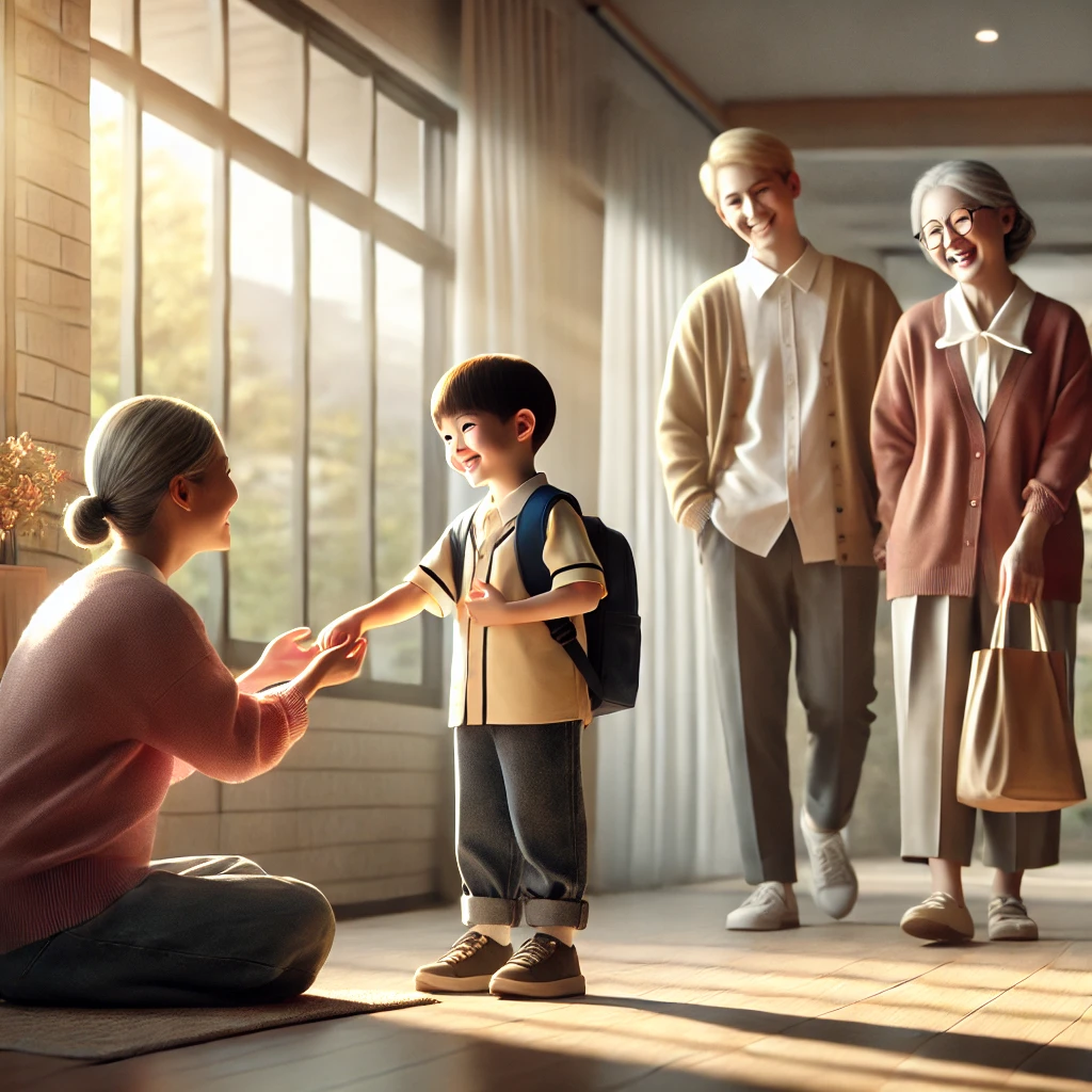 아이가 친절을 실천하는 모습을 따뜻하고 사실적으로 표현합니다. 부모가 자랑스러운 표정으로 아이를 응원하며, 아이의 행동이 세상에 긍정적인 영향을 미치는 장면을 담고 있습니다.