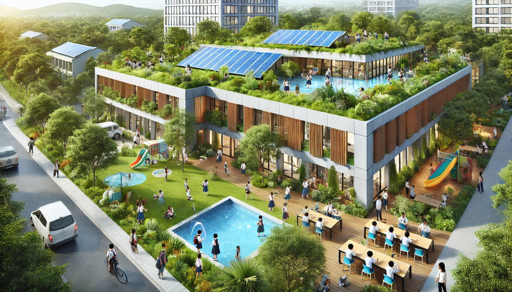 일반 친환경 학교 - 녹색 지붕, 태양광 패널, 빗물 재활용 시스템을 갖춘 친환경적인 학교