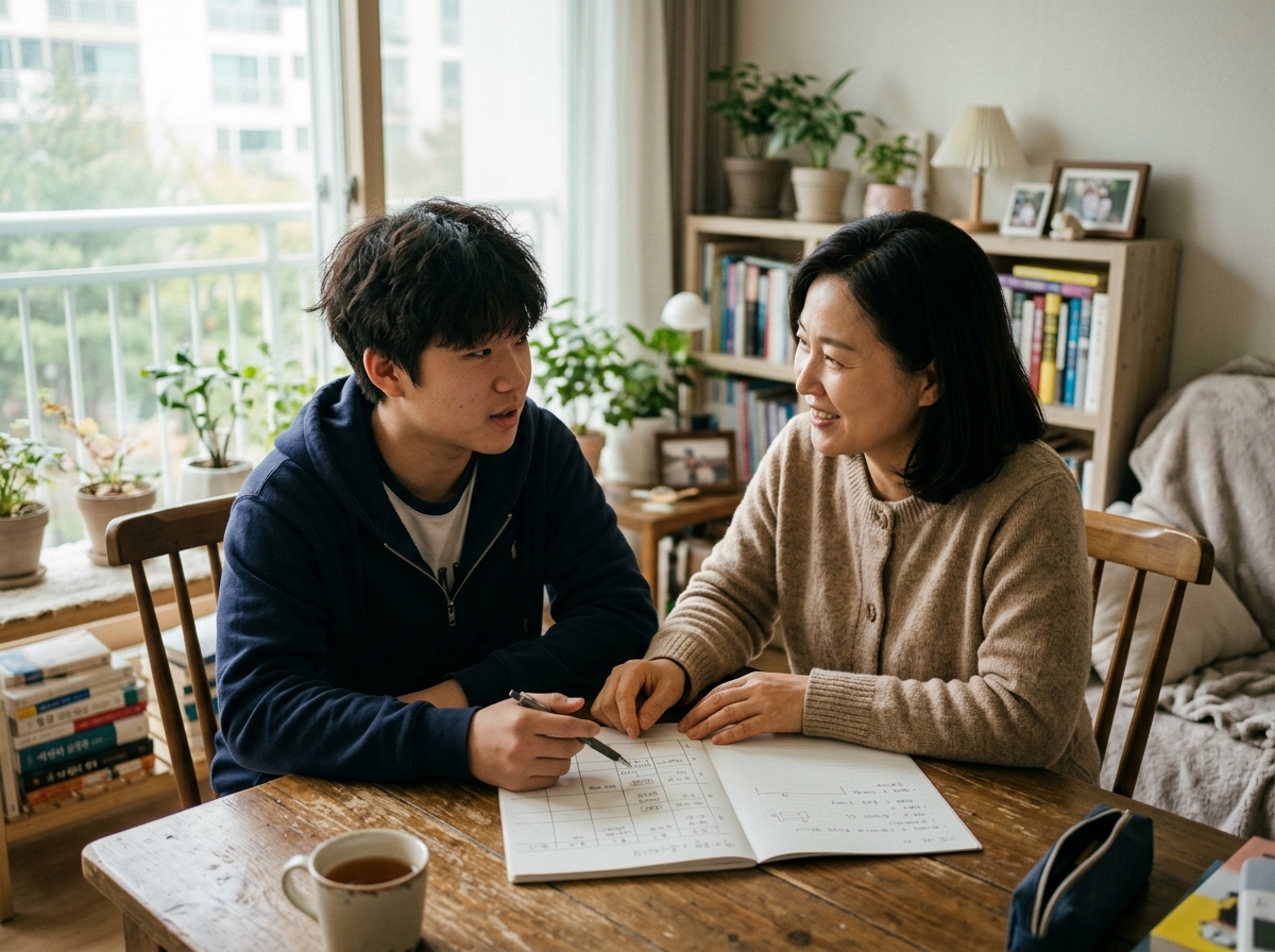 학부모와 학생이 함께 국어 공부 계획을 논의하는 모습