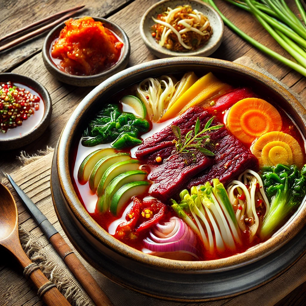 서울식 선지 해장국의 진한 국물과 선지, 다양한 채소가 담긴 전통 한국식 도자기 그릇.