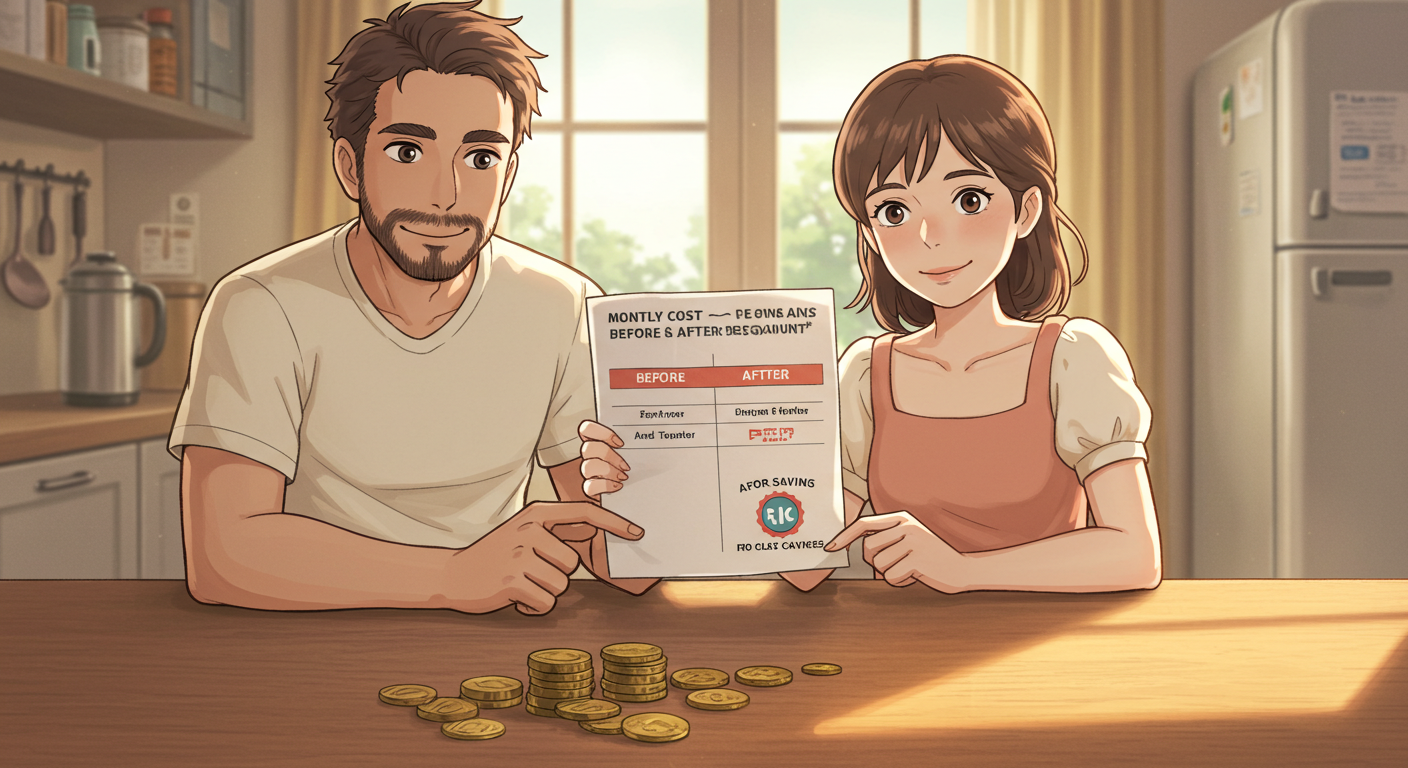 보험료 절감 전후를 비교하는 부부 일러스트