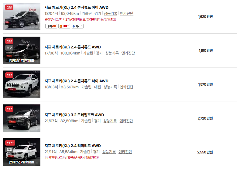 지프 체로키 중고차 가격 시세표 유지비