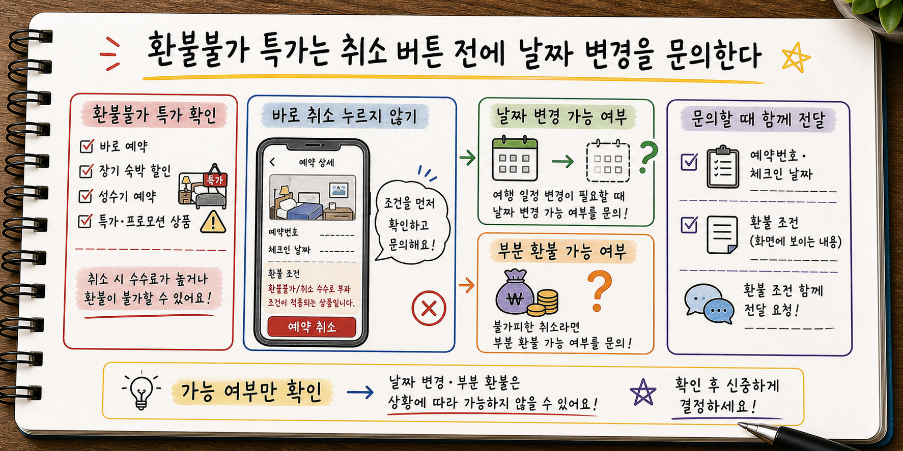 환불불가 특가 숙소 예약을 바로 취소하기 전 날짜 변경과 부분 환불 가능 여부를 문의하는 순서 이미지