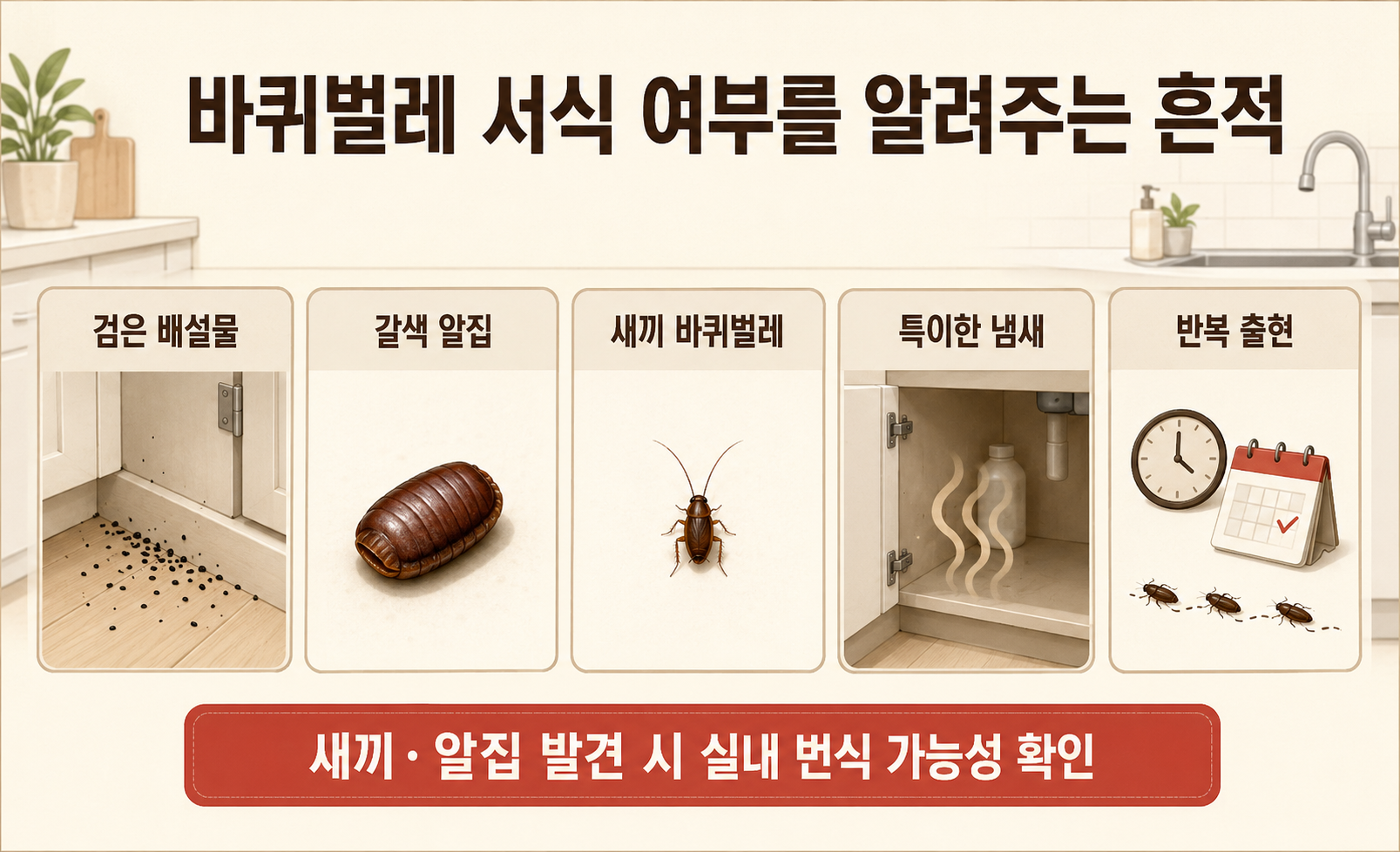 바퀴벌레 배설물, 알집, 새끼 바퀴벌레 등 실내 서식 여부를 확인하는 흔적을 설명하는 이미지