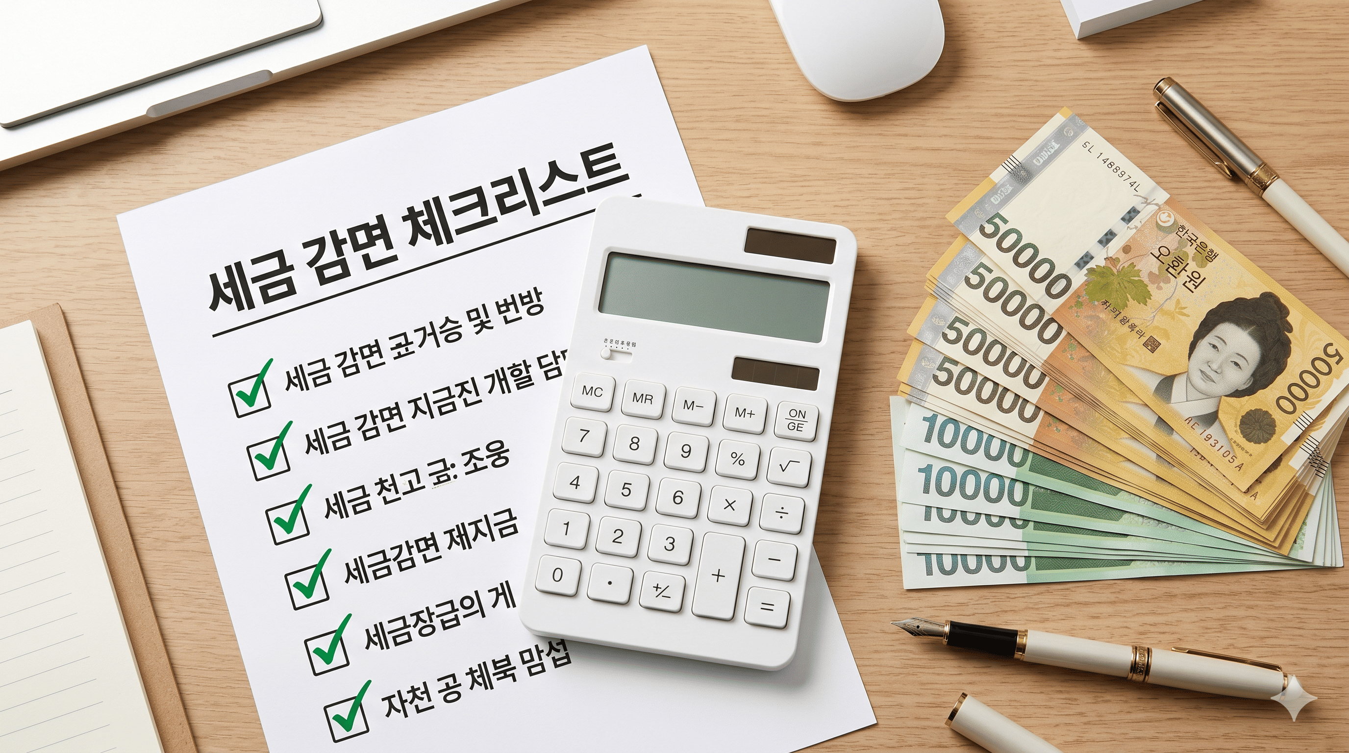 계산기와 초록색 체크 마크가 표시된 서류, 1주택자 재산세 특례세율 감면 계산을 상징하는 모습