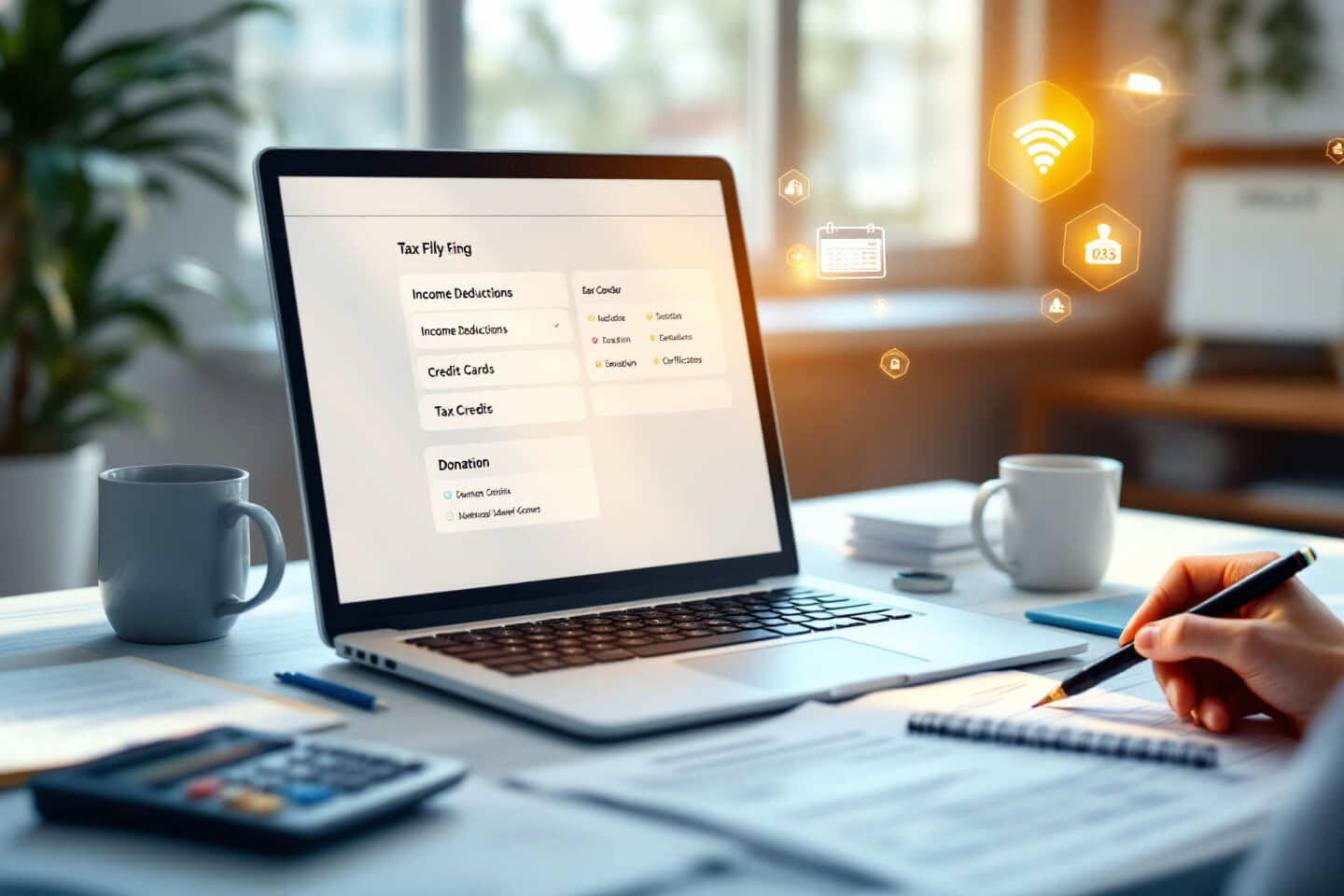 노트북 화면에 세금 공제와 기부 항목이 표시된 온라인 세금 신고 시스템 인터페이스. 책상 위에는 계산기, 커피잔, 펜과 종이가 있으며 한 사람이 노트를 작성하고 있다. 부드러운 햇살이 창문을 통해 들어오고 디지털 아이콘들이 떠 있어 세금 준비의 현대적이고 효율적인 분위기를 강조한다