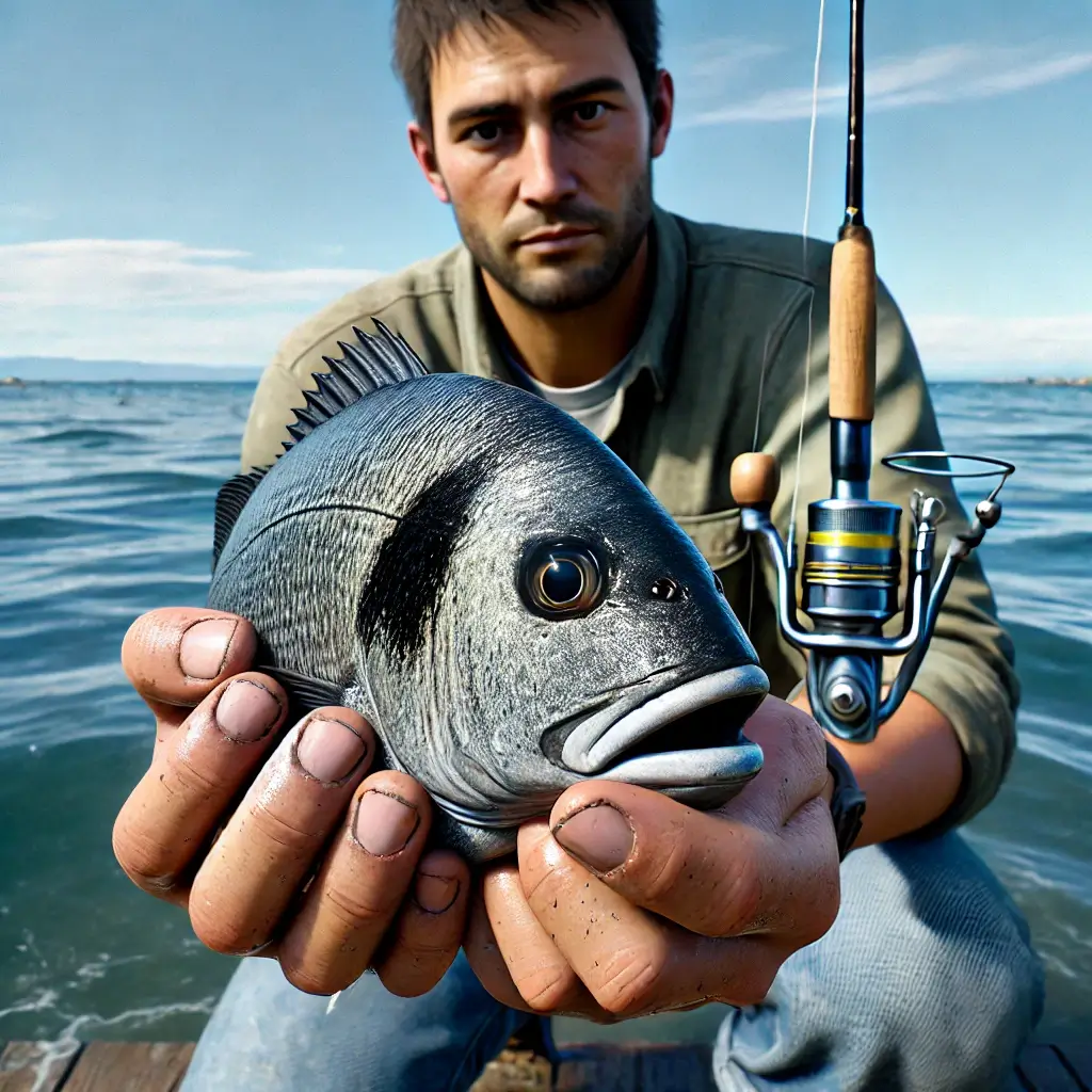 낚시꾼이 바다에서 감성돔을 들고 정면을 바라보는 모습