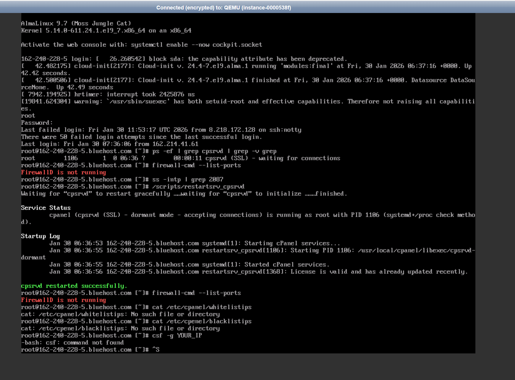 WHM 접속 실패 원인이 Bluehost 외부 네트워크 방화벽(인바운드 규칙)인 경우를 설명하는 화면